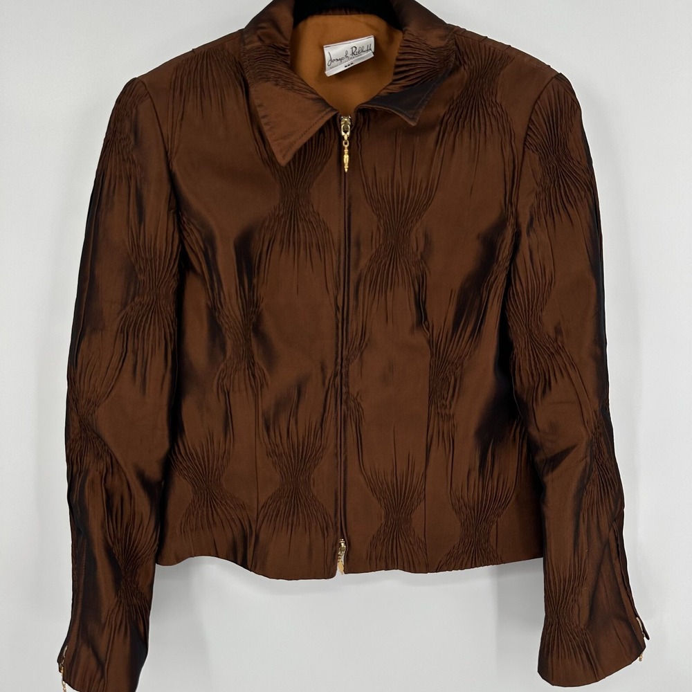 Joseph Ribkoff Bronze Jacket Women Md Brown Lined Ruched Fold-Down Collar Zip-Up